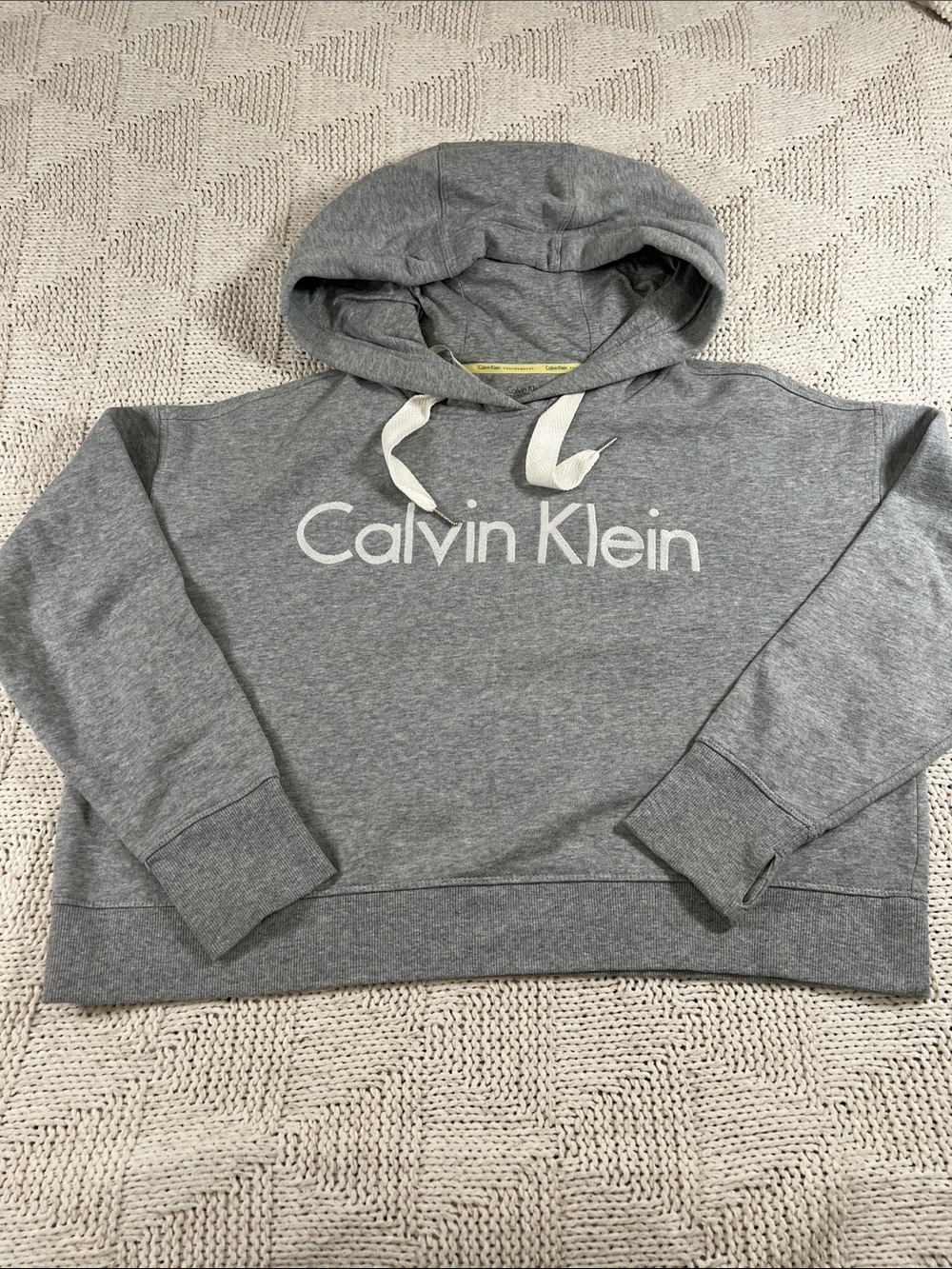 Calvin Klein Light Gray Logo Pullover Crop Hoodie